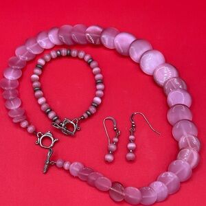 Vintage Pink Mother-of-Pearl Style Necklace 15" Bracelet 6-1/4" Earrings 1”